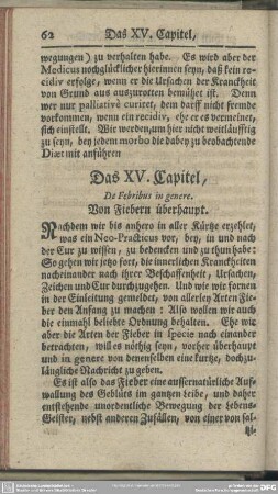 Das XV. Capitel, Von Fiebern überhaupt