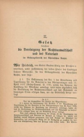 II. Gesetz betreffend die Vereinigung der Rechtsanwaltschaft und des Notariats im Geltungsbereich des Rheinischen Rechts.