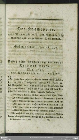 1.1797,6: Der Kosmopolit : eine Monathsschrift zur Beförderung wahrer u. allgemeiner Humanität