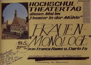 "Hochschultheatertag diesesmal im 'Theater in der Mühle': "Frauenmonologe" von Franca Rame und Dario Fo, am 19.03.1986"