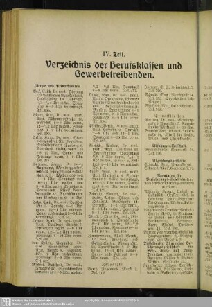 IV. Berufsklassen und Gewerbebetriebe : IV. Teil. Verzeichniß der Berufsklassen und Gewerbetreibenden