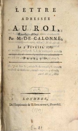 Lettre adressée au Roy 1789