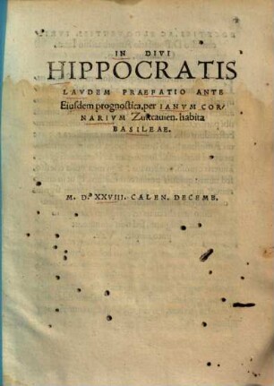 In Divi Hippocratis laudem praefatio ante eiusdem Prognostica