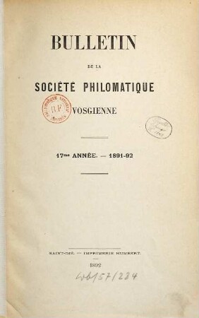 Bulletin de la Société Philomatique Vosgienne. 17. 1891/92