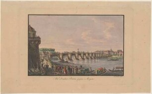 Die Elbbrücke (alte Augustusbrücke, 1727-31 von Pöppelmann) in Dresden, Blick vom Ausschiffungsplatz unterhalb der Brühlschen Terrasse nach Nordwesten auf die Neustadt