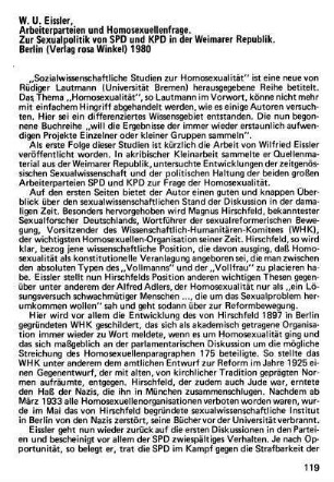 119-121, W. U. Eissler. Arbeiterparteien und Homosexuellenfrage. Zur Sexualpolitik von SPD und KPD in der Weimarer Republik. Berlin (Verlag rosa Winkel) 1980