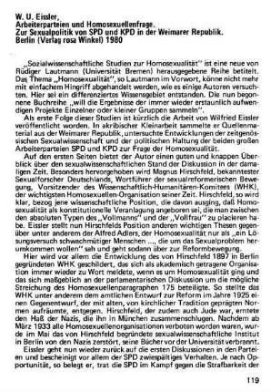 119-121, W. U. Eissler. Arbeiterparteien und Homosexuellenfrage. Zur Sexualpolitik von SPD und KPD in der Weimarer Republik. Berlin (Verlag rosa Winkel) 1980