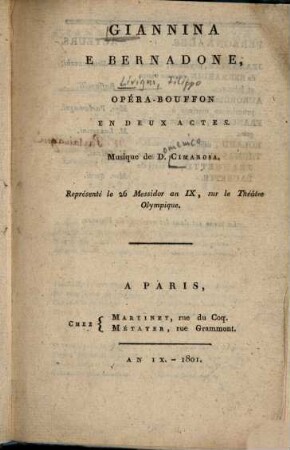 Giannina e Bernadone : opéra-bouffon en deux actes