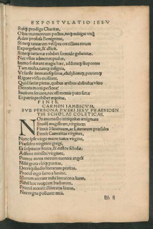 Carmen Iambicum, Sub Persona Pueri Iesu Praesidentis Scholae Coleticae.