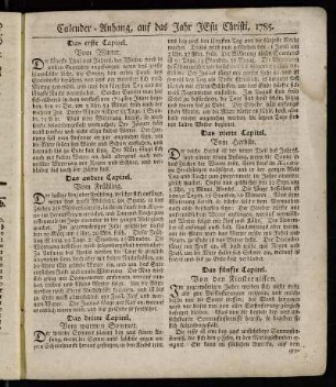Calender-Anhang, auf das Jahr Jesu Christi, 1785.