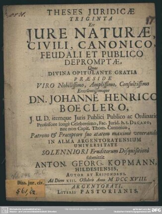 Theses Iuridicae Triginta Ex Iure Naturae, Civili, Canonico, Feudali Et Publico Depromptae