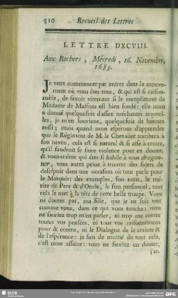 Lettre DXCVIII. Aux Rochers, Mécredi, 16. Novembre, 1689
