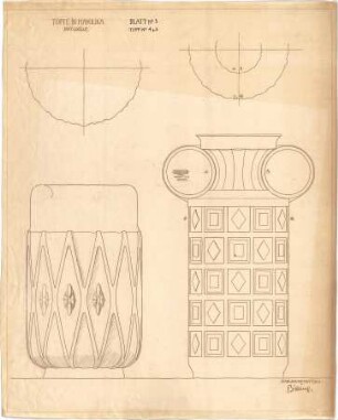 Billing, Hermann; Karlsruhe (Baden-Württemberg); Majolika-Entwürfe, Großherzogliche Manufaktur - Töpfe in Majolika, Topf Nr. 4, 5 (Ansichten; Schnitte)