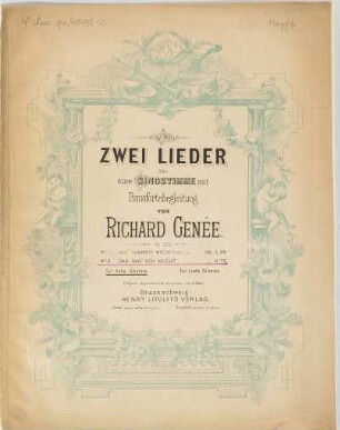 Zwei Lieder : für 1 Singstimme mit Pianofortebegl. ; op. 225, 2. Das sag' ich nicht = (I may not say) / (Richard Genée. The English verse by W. J. Westbrook). - [1872]. - Pl.-Nr. 5216. - 5 S. - Ausg. für hohe Stimme
