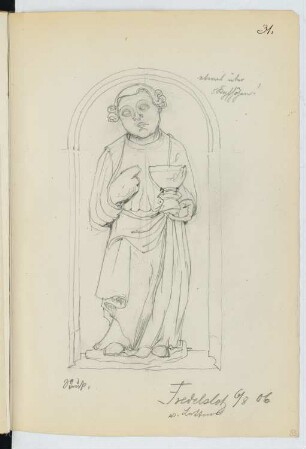 Klosterkirche St. Blasii und Marien, Fredelsloh: Ansicht Nischenfigur (aus: Skizzen- und Fotoalbum 22)