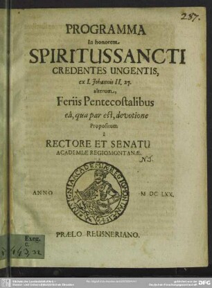 Programma in Honorem Spiritus Sancti credentes ungentis : ex 1. Johannis II.27 alterum