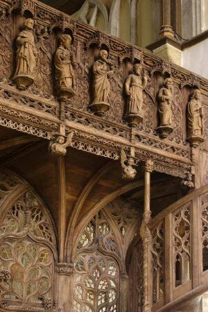 Frankreich. Bretagne. Finistere. Lambader. Chapelle Notre Dame. 15 Jahrhundert. Geschnitzter Lettner im Flamboyantstil. 1481