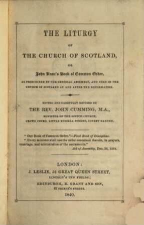 The liturgy of the church of Scotland : or John Knox's book of common order