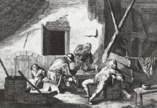 Zwei rauchende Bauern und Frau mit Krug