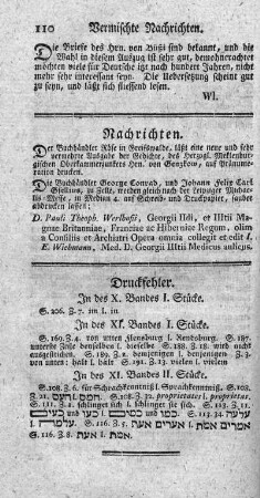 Druckfehler. In des X. Bandes I. Stücke. - In des XI. Bandes II. Stücke.