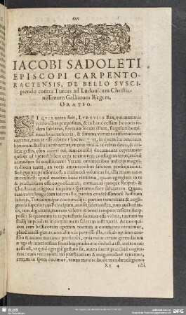 Iacobi Sadoleti Episcopi Carpentoractensis, De Bello Suscipiendo contra Turcas ad Ludovicum Christianissimum Galliarum Regem, Oratio