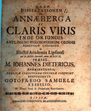 Dissertationem De Annæberga Et Claris Viris Inde Oriundis