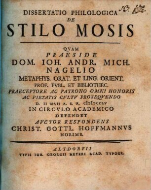 Dissertatio Philologica De Stilo Mosis
