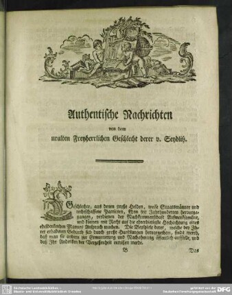 Authentische Nachrichten von dem uralten Freyherrlichen Geschlecht derer v. Seydlitz