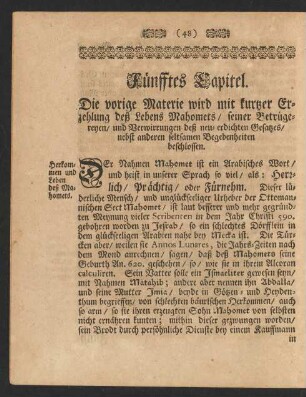 Fünfftes Capitel. Die vorige Materie wird mit kurtzer Erzehlung deß Lebens Mahomets ...
