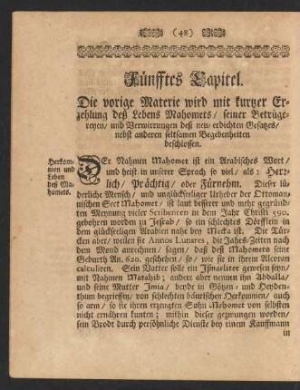 Fünfftes Capitel. Die vorige Materie wird mit kurtzer Erzehlung deß Lebens Mahomets ...