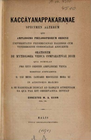 Kaccâyanappakaranae specimen, [2]. Specimen alterum