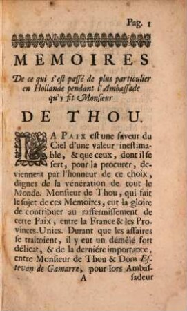 Mémoires Touchant Mr. De Thou : Où L'on voit ce qui c'est passé de plus particulier durant Son Ambassade D'Hollande