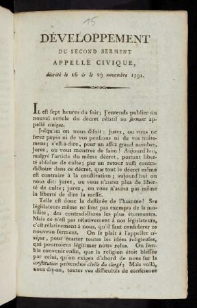 Développement Du Second Serment Appellé Civique : décrété le 16 & le 29 novembre 1791