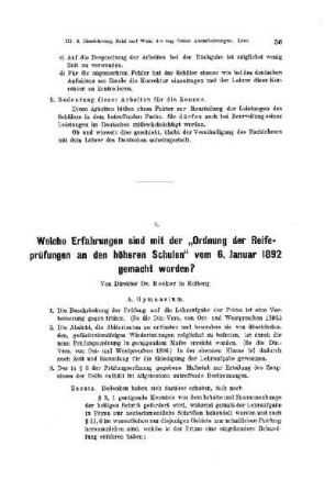 Welche Erfahrungen sind mit der "Ordnung der Reifeprüfungen an den höheren Schulen" vom 6. Januar 1892 gemacht worden?