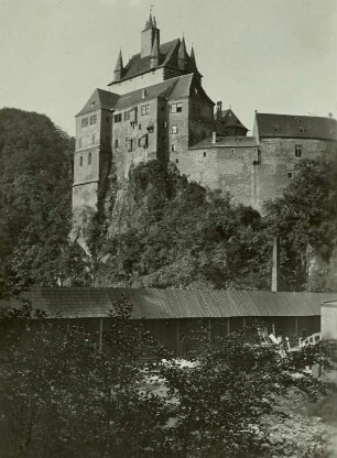 Kriebstein, Burg Kriebstein mit gedeckter Brücke über die Zschopau