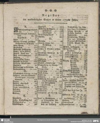 Register der merkwürdigsten Sachen in diesem 1792. Jahre