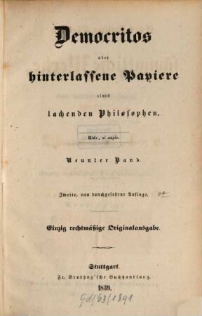Karl Julius Webers sämmtliche Werke : Suppl. - Bd.. 9. Bd. 9. = (N. F. Bd. 3). - 1839. - 390 S.
