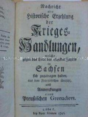 Bericht über die Kriegshandlungen in Sachsen während des Zweiten Schlesischen Krieges