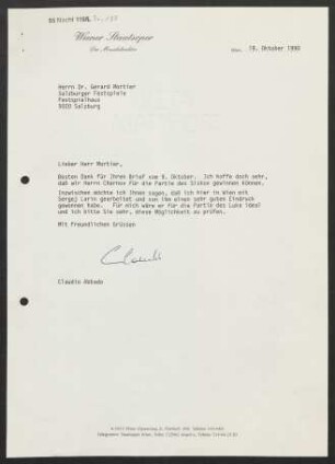 Brief an Gerard Mortier an Salzburger Festspiele, 19.10.1990