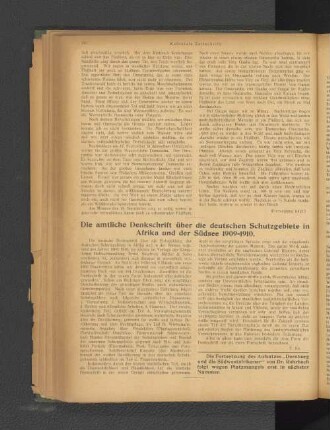 Die amtliche Denkschrift über die deutschen Schutzgebiete n Afrika und der Südsee 1909-1910.