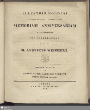1836: Illustris Moldani dedicati ante hos ... annos memoriam anniversariam ... pie celebrandam ... indicit