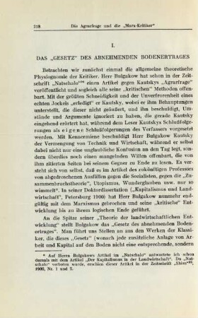 I. Das "Gesetz" Des Abnehmenden Bodenertrages