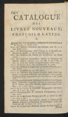 Catalogue Des Livres Nouveax Francois & Latins.