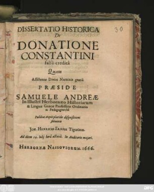 Dissertatio Historica De Donatione Constantini falso credita