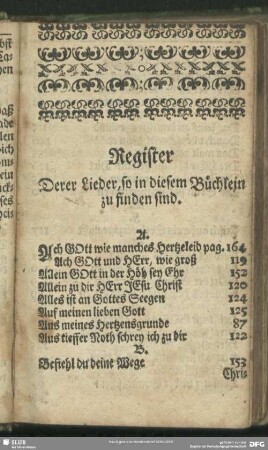 Register Derer Lieder, so in diesem Büchlein zu finden sind