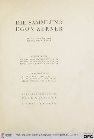 Die Sammlung Egon Zerner : Versteigerung ... 15. Dezember 1924, 16. Dezember 1924