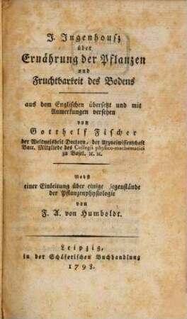 J. Ingenhousz über Ernährung der Pflanzen und Fruchtbarkeit des Bodens