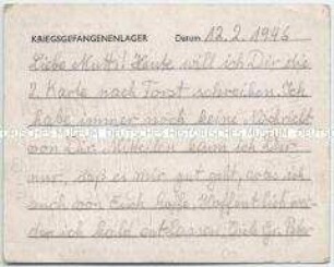 Briefkarte eines 17jährigen Wehrmachtsangehörigen aus britischer Kriegsgefangenschaft in Belgien an seine Mutter - Personenkonvolut