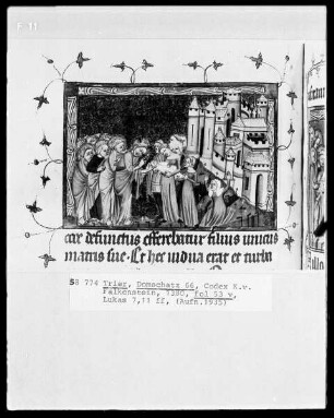 Perikopenbuch des Erzbischofs Kuno von Falkenstein: Der Jüngling von Nain, Sohn einer Witwe, wird auf einer Bahre aus der Stadt getragen