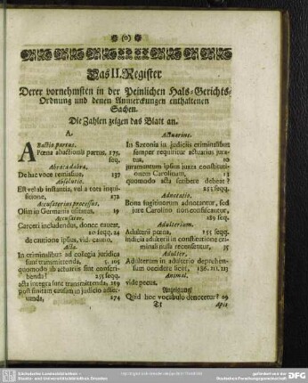 Das II. Register Derer vornehmsten in der Peinlichen Hals-Gerichts-Ordnung und denen Anmerckungen enthaltenen Sachen